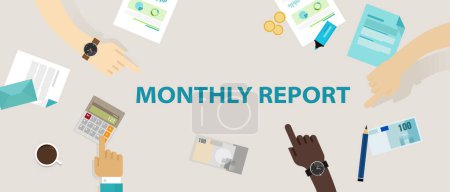 Illustration for Monthly report reviewing performance company office analysis progress data disclosing information profit finance growth vector - Royalty Free Image