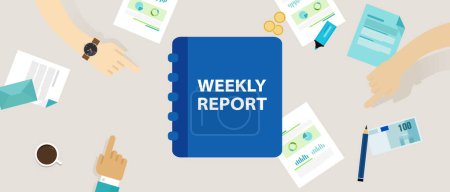 Illustration for Weekly report reviewing performance company office analysis progress data disclosing information profit finance growth vector - Royalty Free Image