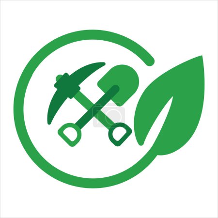 Illustration for Good mining practice green eco environmental friendly pickaxe and shovel with leaf icon symbol excavation construction vector - Royalty Free Image