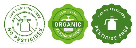 Illustration for Pesticide free no pesticides emblem stamp green cross chemical spray vector - Royalty Free Image