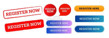 Illustration for Register now rubber stamp label sticker and button registration here web information access join member vector - Royalty Free Image