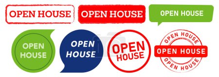 open house stamp and speech bubble label sticker sign announcement information commerce vector