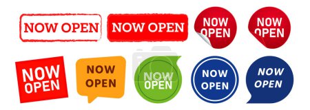 Illustration for Now open stamp and speech bubble labels ticker sign promotion marketing offer sale vector - Royalty Free Image