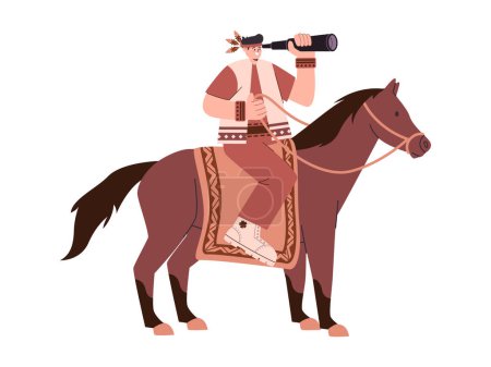 Photo for Native American tribe man looking with binocular and riding brown color horse animal recreation activity vector - Royalty Free Image