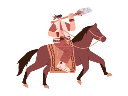Photo for Native American tribe holding ancient prehistoric weapon and riding brown color horse animal illustration vector - Royalty Free Image