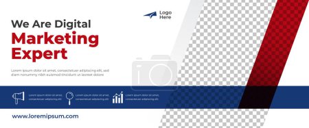 Ilustración de Digital marketing agency horizontal banner template. White color background with blue and red shape - Imagen libre de derechos
