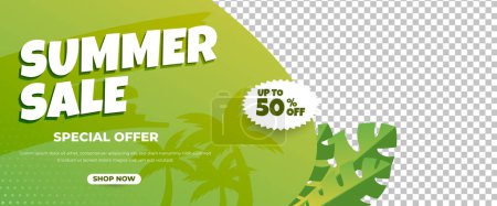 Illustration for Summer sale banner with palm leaves and tropical plants. vector illustration - Royalty Free Image