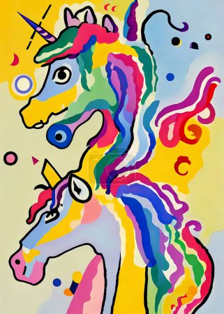 Photo for A bright and colorful abstract portrait composition of two unicorns designed in the style of Kandinsky and the Bauhaus art movement - Royalty Free Image