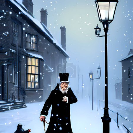 A Christmas winter scene with Ebenezer Scrooge walking through a Victorian street on a cold snowy day