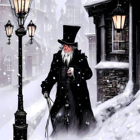 Téléchargez les photos : Une scène d'hiver de Noël avec Ebenezer Scrooge marchant dans une rue victorienne par une journée froide et enneigée - en image libre de droit