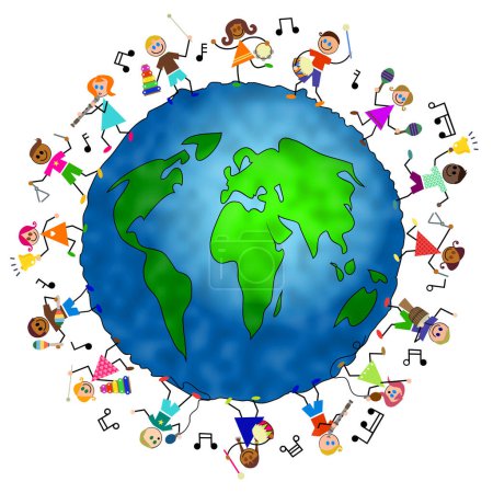 Photo for A group of happy and diverse little boys and girls standing around the world whilst playing musical instruments. - Royalty Free Image