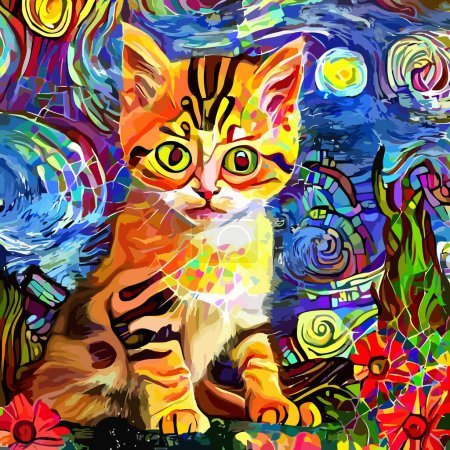 Téléchargez les illustrations : Portrait impressionniste abstrait, conçu artistiquement et peint numériquement, d'un mignon petit chaton moelleux assis dans le jardin. - en licence libre de droit