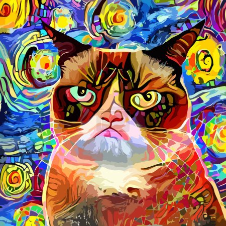 Ein künstlerisch gestaltetes und digital bemaltes, abstraktes impressionistisches Porträt einer niedlichen, flauschigen Katze mit extrem mürrischem Gesicht.