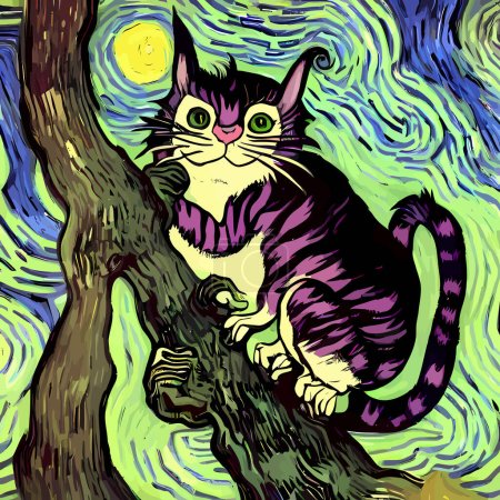 Illustration for A retro swirly impressionist portrait composition of a Cheshire cat in a tree designed in the style of Vincent Van Gogh. - Royalty Free Image