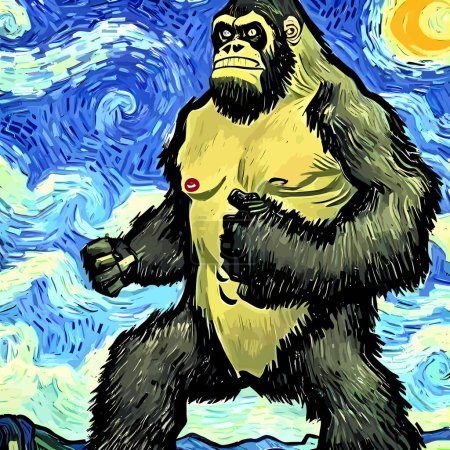 Illustration for A retro swirly impressionist portrait composition of a giant gorilla designed in the style of Vincent Van Gogh. - Royalty Free Image