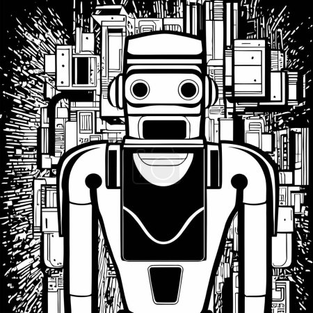 Photo for A cyberpunk, black and white woodcut style portrait of a robot. - Royalty Free Image