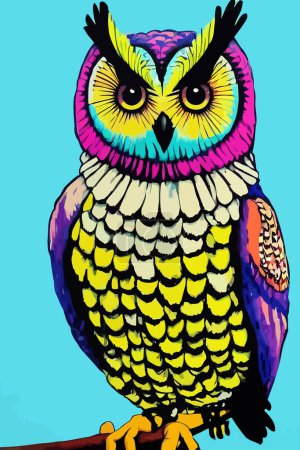 Photo for An artistically designed and digitally painted, groovy pop art style portrait of a owl using blocks of bright colors. - Royalty Free Image