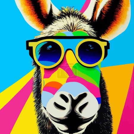 Photo for An artistically designed and digitally painted, groovy pop art style portrait of a donkey using blocks of bright colors. - Royalty Free Image