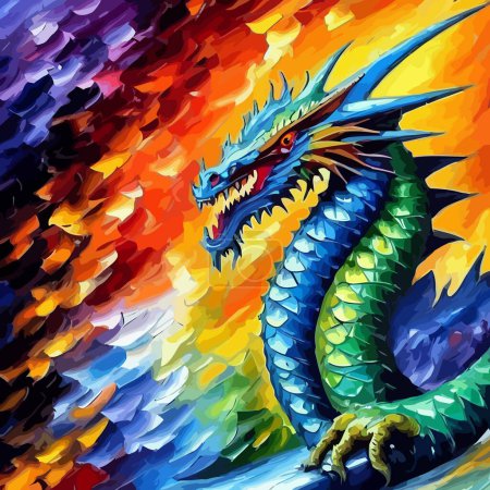 Photo for A colorful and vibrant portrait of a dragon created with digital palette knife and brush stroke effects. - Royalty Free Image