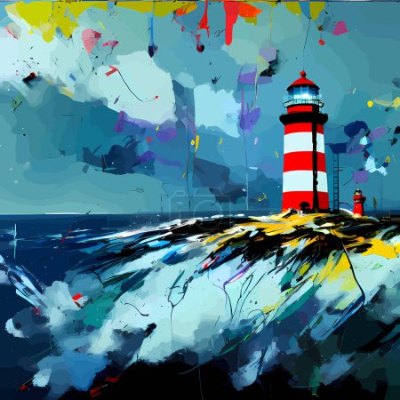 Photo for A digitally created, grunge splattered style illustration of a view of a lighthouse and seascape. - Royalty Free Image