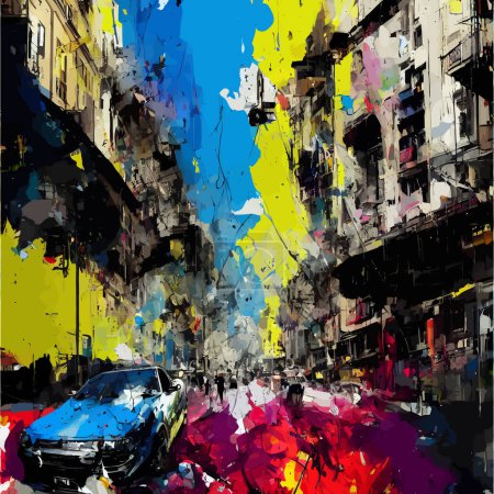 Photo for A digitally created, grunge splattered style illustration of a view of a street scene in Barcelona - Royalty Free Image