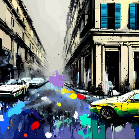 Photo for A digitally created, grunge splattered style illustration of a view of a street scene in Milan, Italy. - Royalty Free Image