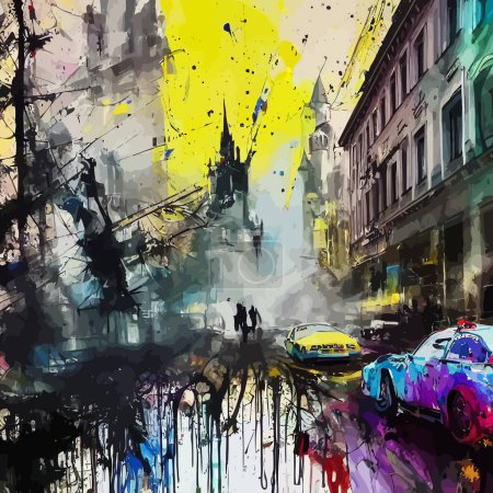 Cyfrowa, grunge splamiona stylem ilustracja widoku sceny ulicznej w Monachium, Niemcy.