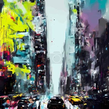 Illustration for A digitally created, grunge splattered style illustration of a view of a New York City street scene. - Royalty Free Image