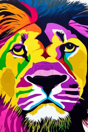 Photo for An artistically designed and digitally painted, vibrant and colorful portrait of a lion using blocks of bright colors. - Royalty Free Image