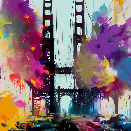 Ilustración de Una ilustración de estilo salpicado de grunge creada digitalmente de una vista del puente de San Francisco, California. - Imagen libre de derechos