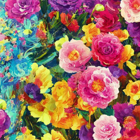 Photo for A digitally created, surface textile background design with colorful traditional style flowers. - Royalty Free Image