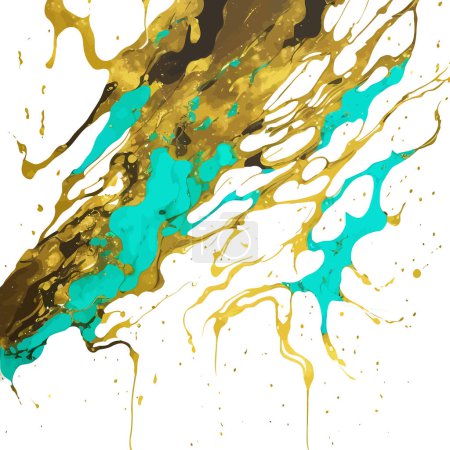 Illustration for A digitally created marbled texture resembling dripping alcohol ink, with turquoise and gold coloring. - Royalty Free Image