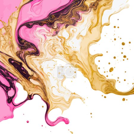 Illustration for A digitally created marbled texture resembling dripping alcohol ink, with pink and gold coloring. - Royalty Free Image