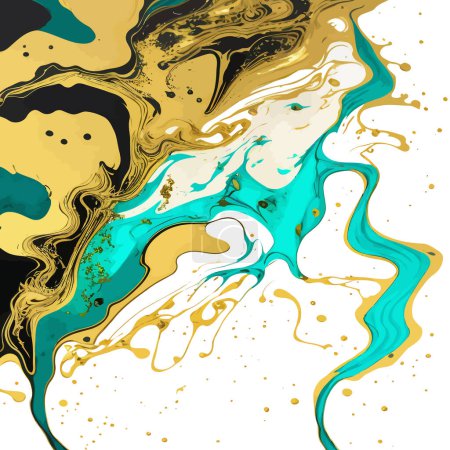 Illustration for A digitally created marbled texture resembling dripping alcohol ink, with turquoise, black and gold coloring. - Royalty Free Image