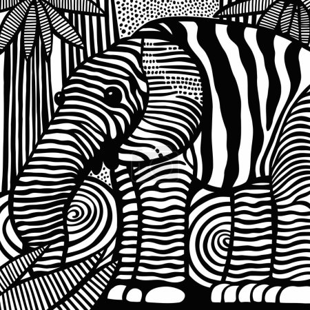 Photo for A fun black and white drawing of a elephant with zebra stripes blending into a jungle background. - Royalty Free Image