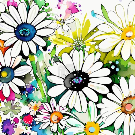 Photo for A bright and bold floral daisy flower surface design, created in a vector watercolor art style. - Royalty Free Image