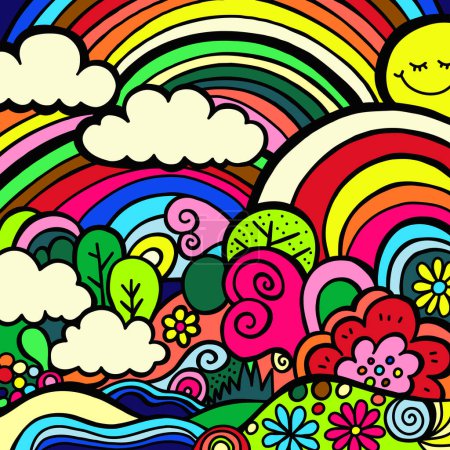 Photo for A fun and colorful doodle style illustration of a groovy sixties landscape scene. - Royalty Free Image