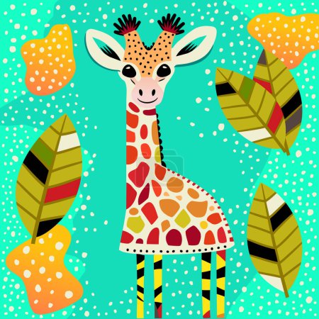 Photo for A cute and colorful vector illustration of a jungle giraffe in the wild created in a whimsical style. - Royalty Free Image