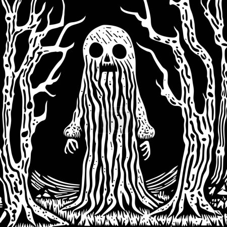 Photo for A black and white wood-cut style illustration of a creepy old forest with a ghoulish creature. - Royalty Free Image