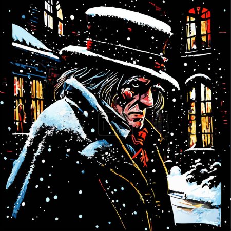 An artistic, illuminated scene of Victorian London in winter with grumpy old Ebenezer Scrooge walking through the village. 