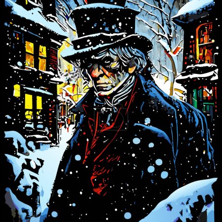 Une scène artistique illuminée de Londres victorienne en hiver avec le vieil Ebenezer Scrooge grincheux marchant à travers le village. 