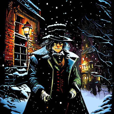 Eine künstlerische, beleuchtete Szene aus dem viktorianischen London im Winter mit dem mürrischen alten Ebenezer Scrooge, der durch das Dorf läuft. 