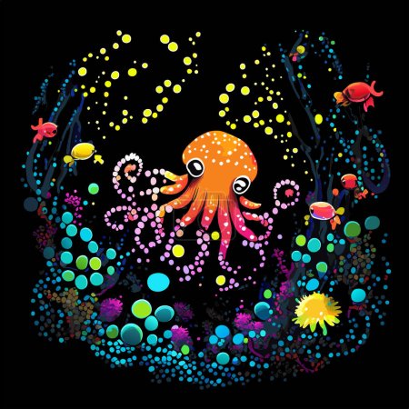 Photo for An artistic illustration of a underwater marine life scene with a baby octopus and sea fauna. - Royalty Free Image