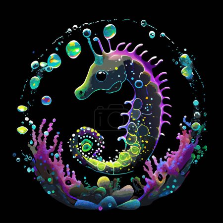 Photo for An artistic illustration of a underwater marine life scene with a baby seahorse and sea fauna. - Royalty Free Image