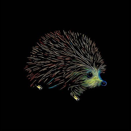 Photo for A simple color sketch of a prickly hedgehog isolated on a black background. - Royalty Free Image