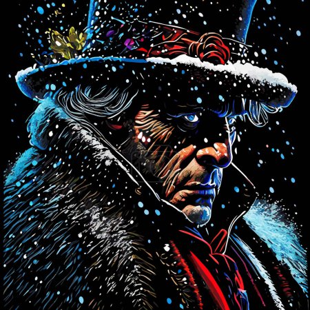Photo for An artistic portrait of a rather grumpy looking Ebenezer Scrooge character with falling winter snow. - Royalty Free Image