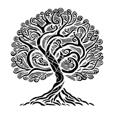 Photo for A simple, flat black graphic style illustration of a quirky tree with swirly trunk and branches. - Royalty Free Image