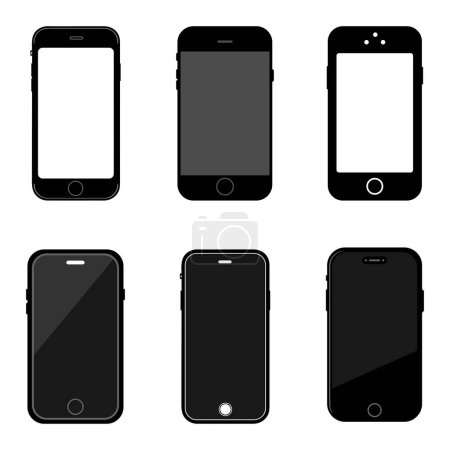 Photo for A simple, flat black graphic style illustration of a set of six modern mobile phone templates with blank space to add your own text and content. - Royalty Free Image