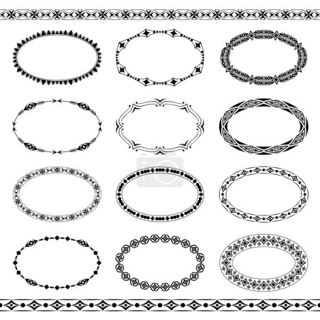 Foto de Colección de marcos ovales vectoriales con patrón geométrico simple. Conjunto de elipses negras aisladas sobre fondo blanco. Marcos ovalados anchos y estrechos. Plantilla para redes sociales, impresión en papel - Imagen libre de derechos