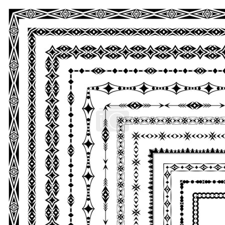 Vector set of corner brushes with elegant geometric patterns. Group of border designs for certificates, friezes, frame, card, invitation, printing on textile, paper. Brushes are included in the file